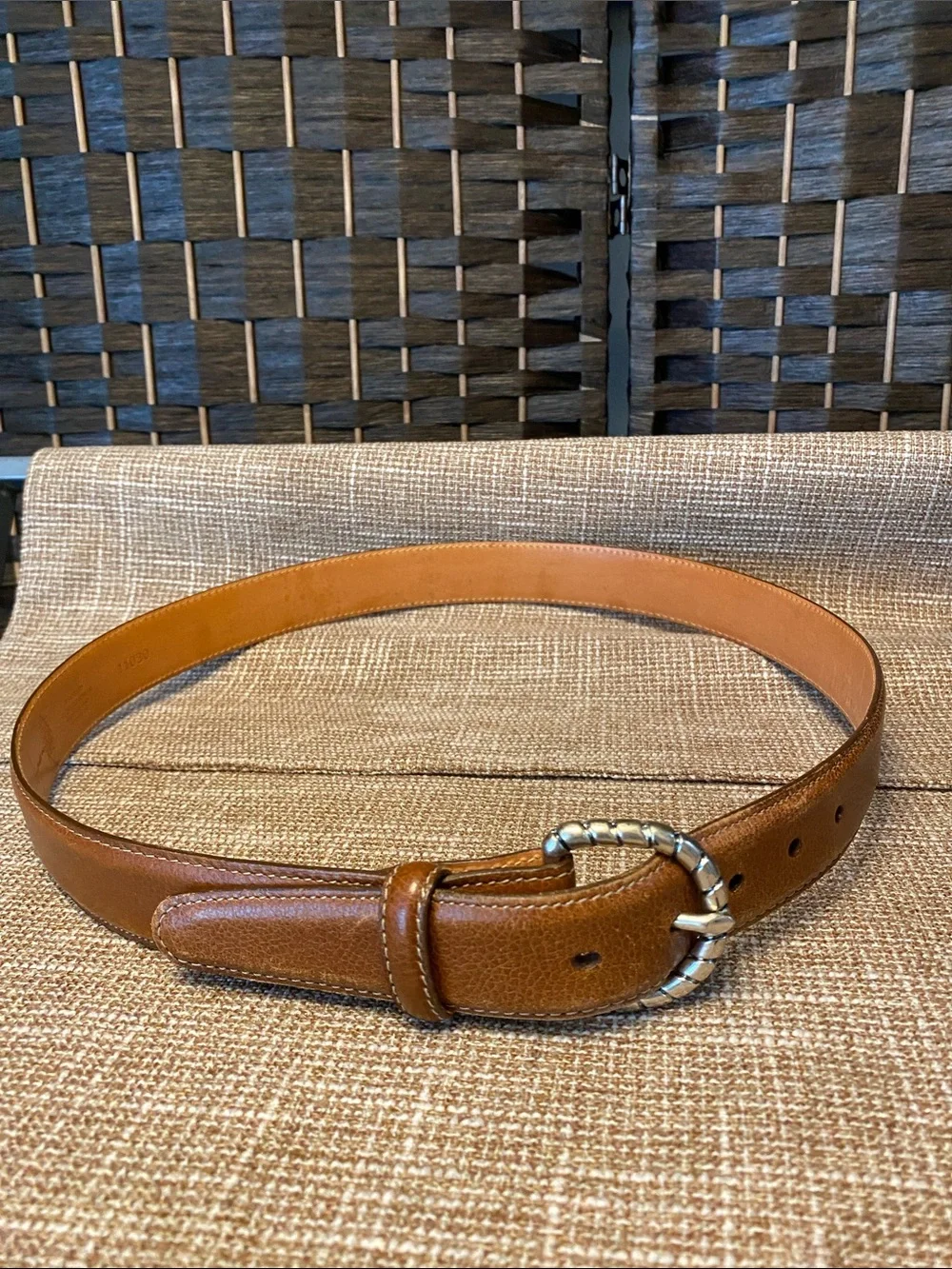 Martin Dingman Chestnut Brown Leather Belt with Textured Silver Buckle Men’s 34